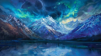 majestic mountain landscape with snowcapped peaks pristine lake and aurora borealis oil painting - obrazy, fototapety, plakaty
