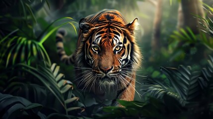 majestic tiger prowling in wild jungle realistic digital art illustration - obrazy, fototapety, plakaty