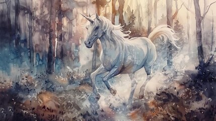 majestic unicorn galloping through enchanted forest with shimmering mane and glowing horn mystical fantasy watercolor illustration