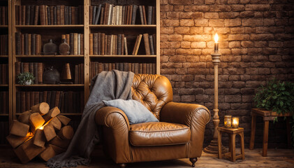 Cozy living room interior with armchair, bookshelf and candles