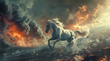majestic white steed galloping through apocalyptic landscape revelation of biblical prophecy abstract concept illustration - obrazy, fototapety, plakaty