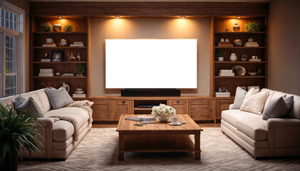 Interior of modern living room with TV set and sofa 3D rendering