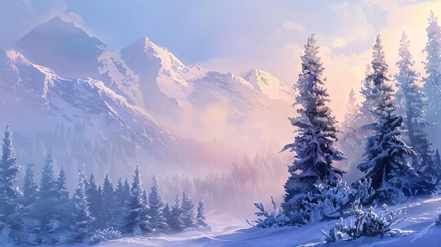 majestic winter wonderland at dawn snowcovered trees and mountains in scenic landscape digital painting