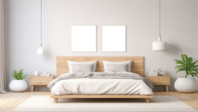 Interior of modern bedroom with white walls and wooden floor, 3d render