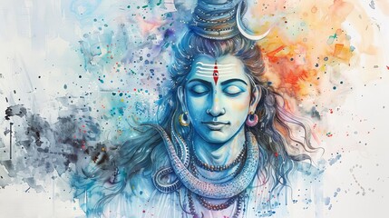 meditative lord shiva with trident surrounded by ethereal energy and sacred symbolism spiritual watercolor painting - obrazy, fototapety, plakaty