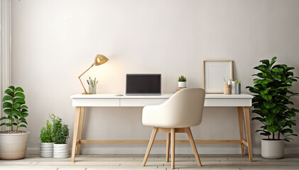 Workplace with computer on wooden table in modern office. 3D rendering