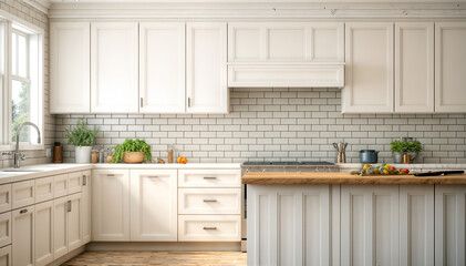 Fototapeta premium 3d render of modern white kitchen interior design with white brick wall