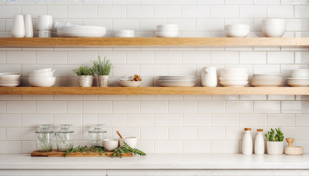 Fototapeta Kitchen shelves with different utensils on white brick wall background