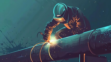 metal worker welding pipeline industrial construction and engineering illustration - obrazy, fototapety, plakaty