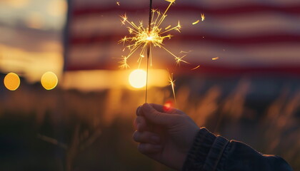 Hand of person holding sparkler in front of American flag at sunset, cinematic style. Holiday concept for 4th of July, President's Day, Independence Day, US National Day, Labor Day, Fourth of July
