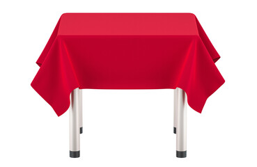 Table with red table cloth. 3D rendering isolated on transparent background
