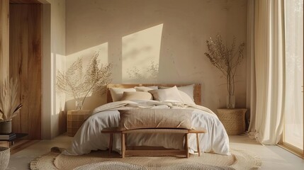 minimalist beige bedroom interior with wooden accents and plush bedding serene and cozy scandinavian design 3d render