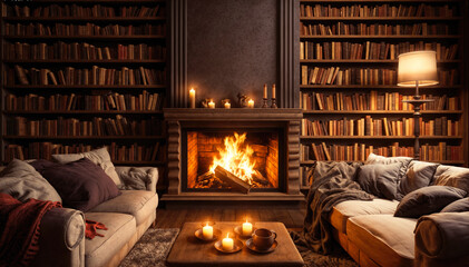 Fototapeta premium Cozy living room with fireplace and bookshelves. Vintage style.