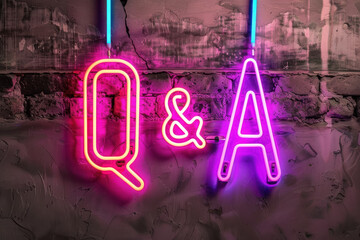 colorful neon q and a sign on textured background for interactive concepts