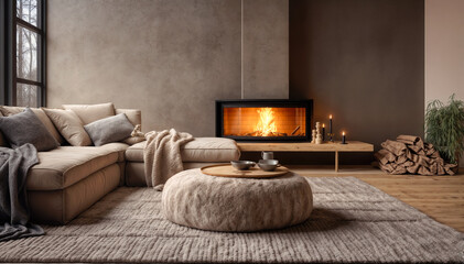Cozy living room with fireplace and comfortable sofa. Winter landscape.