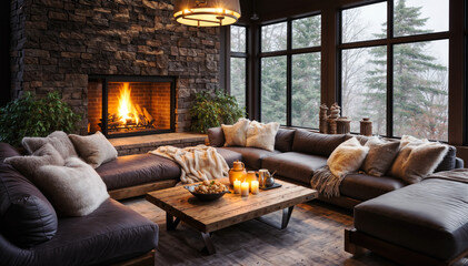Cozy living room with fireplace, leather sofa and plaids - obrazy, fototapety, plakaty