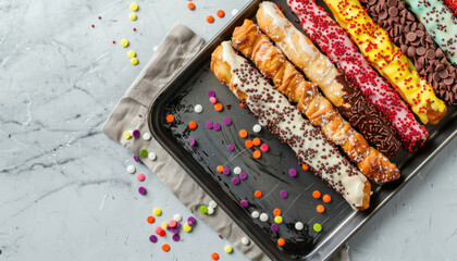 top view, assorted mini cannoli decorated with colorful sprinkles on a dark tray - obrazy, fototapety, plakaty