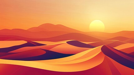 minimalistic desert landscape with sun rising over sand dunes flat vector illustration - obrazy, fototapety, plakaty