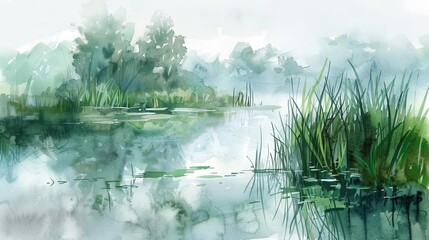 misty spring morning in wetland lush vegetation and reflections in still water watercolor sketch