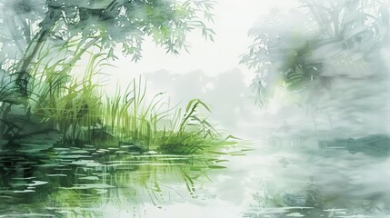 Naklejka premium misty spring morning in wetland lush vegetation and reflections in still water watercolor sketch