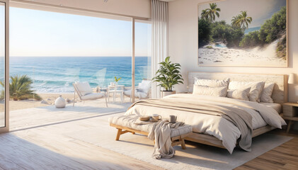 3d rendering of modern bedroom with sea view and beach in background