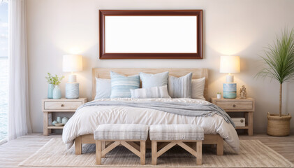 3d rendering of a bedroom interior with a sea view and a bed