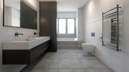 Fototapeta na wymiar Bathroom interior with white walls and a floor with large-format anthracite-colored tiles. Modern and sleek bathroom featuring a black vanity, large grey tiles, ample natural light, a spacious mirror.