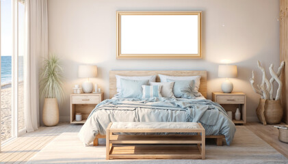 3d rendering of a bedroom interior with sea view on the background