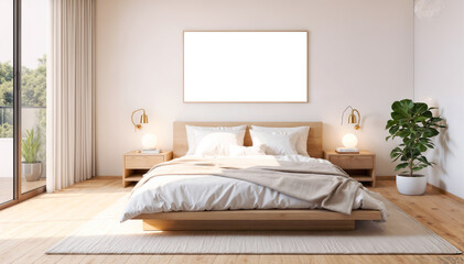 Interior of modern bedroom with white walls, wooden floor, comfortable king size bed with grey linen and round mirror. 3d rendering