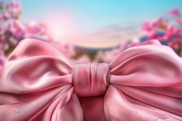 An elegant pink bow against a blurred floral backdrop, the style conveys a luxurious and celebratory feel, with a backdrop perfect for promotional materials