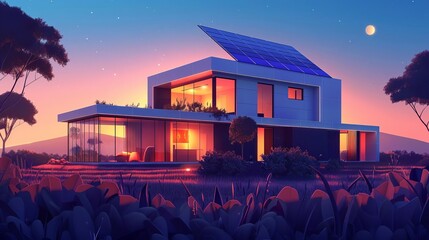 modern house with solar panels at sunset ecofriendly architecture concept sustainable living digital illustration - obrazy, fototapety, plakaty
