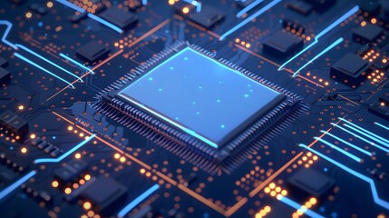 Obraz premium microchip semiconductor technology plug in circuit board motherboard computer with yellow neon light glow glowing wires modern futuristic tech background