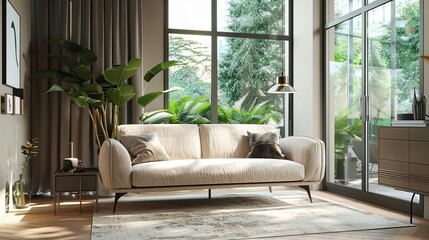 modern room interior and decoration with fabric sofa in studio apartment sunny day 3d illustration