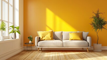 modern room interior and decoration with fabric sofa in studio apartment sunny day 3d illustration