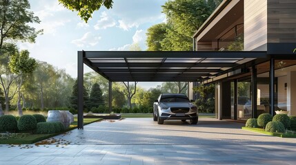 modern steel carport in front of family home contemporary residential architecture exterior 3d rendering