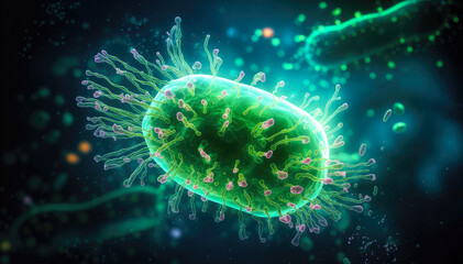 Digital illustration of Flu virus in colour background, 3D rendering
