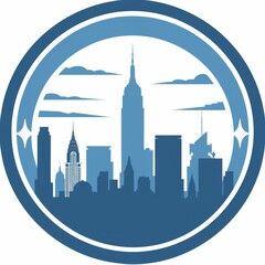 Naklejka premium Simplistic Blue and White New York City Skyline Emblem with Iconic Buildings and Clouds, Modern Urban Circle Logo Concept