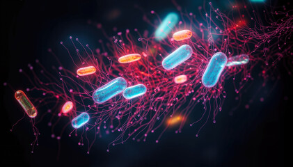 3d rendering of blue and red virus cells floating on dark background
