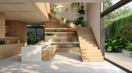 modern sustainable home interior with wooden staircase kitchen island and plants 3d rendering