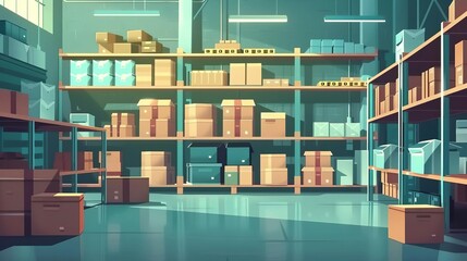modern warehouse interior shelves with cardboard boxes and products logistics concept illustration