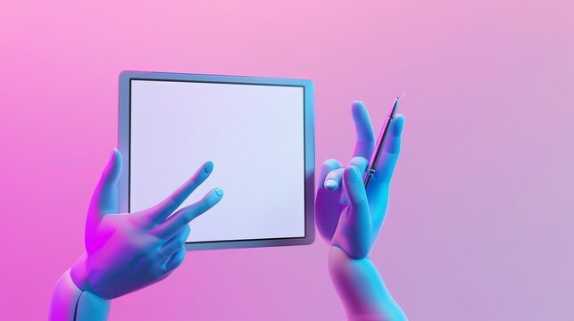 Blue mannequin hands in a 3D render holding a graphic tablet and a digital pen, with a colorful, blank screen. Concept of digital signature
