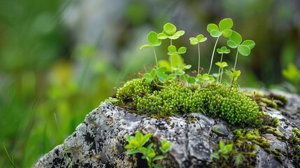 mosscovered rock with small plants sprouting natures microcosm lush green vegetation closeup - obrazy, fototapety, plakaty