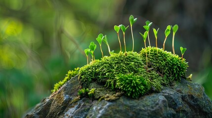 mosscovered rock with small plants sprouting natures microcosm lush green vegetation closeup - obrazy, fototapety, plakaty
