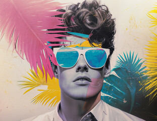Pop collage Illustration of A man with sunglasses and a shirt collar is surrounded by colorful palm...