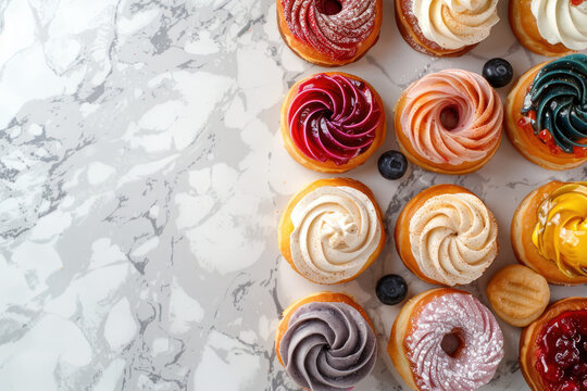 assorted cream filled cronuts with colorful frosting on white marble