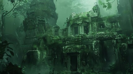 mysterious ancient ruins in a dense jungle atmospheric concept art digital painting