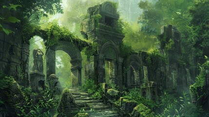 mysterious ancient ruins in dense jungle with overgrown vines and crumbling statues digital painting - obrazy, fototapety, plakaty
