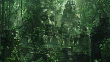 mysterious ancient ruins in dense jungle with overgrown vines and crumbling statues digital painting