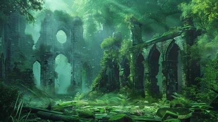 mysterious ancient ruins overgrown with lush vegetation digital painting