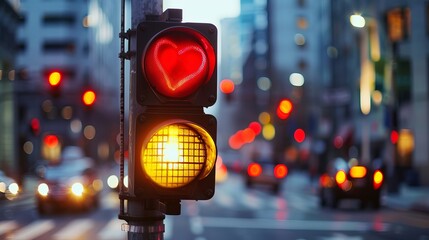 An image of a traffic light with a red heart-shaped semaphore at a city crossing - obrazy, fototapety, plakaty